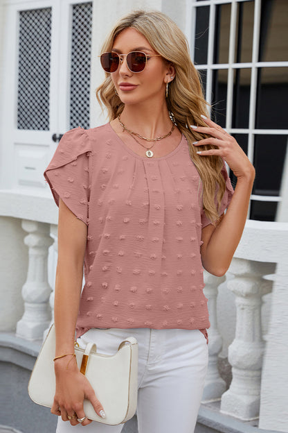 Swiss Dot Round Neck Short Sleeve T-Shirt - Fashion Finder Hub