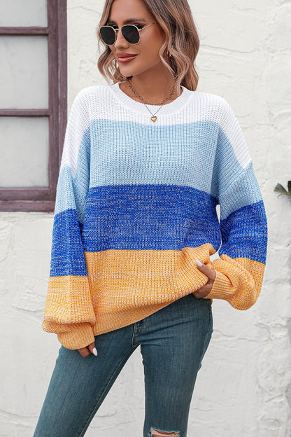 Round Neck Color Block Ribbed Pullover Sweater - Fashion Finder Hub