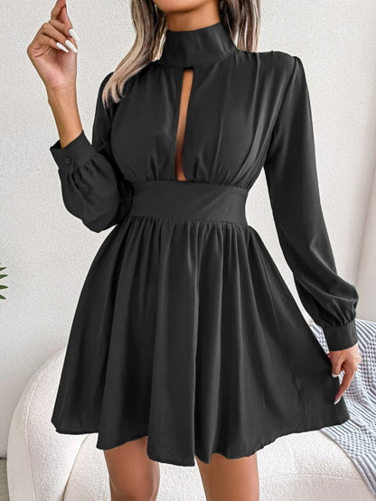 Cutout Turtleneck A-Line Mini Dress - Fashion Finder Hub