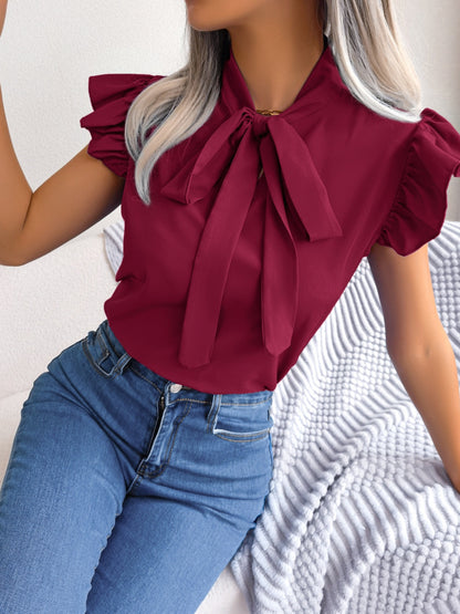 Tie  Neck Cap Sleeve Blouse - Fashion Finder Hub