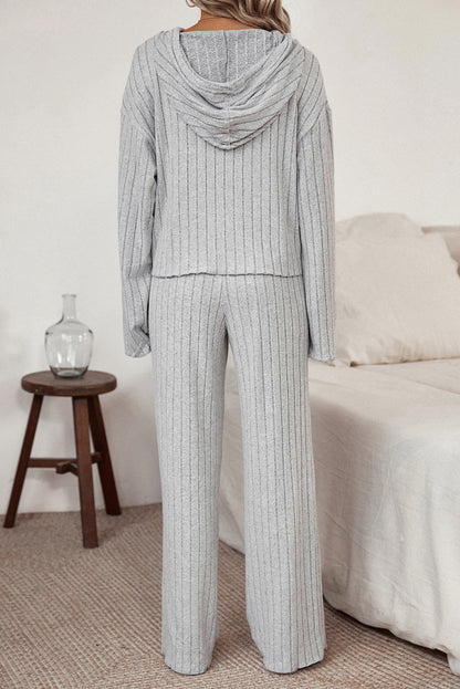 Ribbed Drawstring Hoodie and Pants Lounge Set - Fashion Finder Hub
