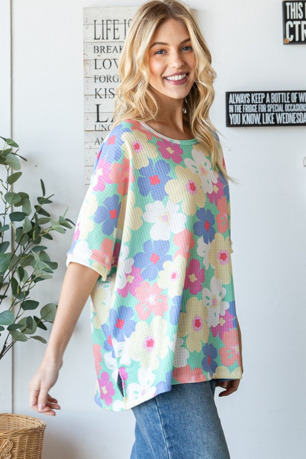 HOPELY Floral Waffle Oversized T-Shirt - Fashion Finder Hub