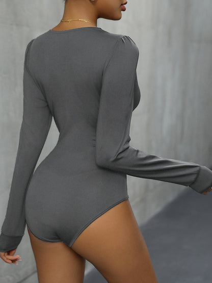 Lace Detail Plunge Long Sleeve Bodysuit - Fashion Finder Hub