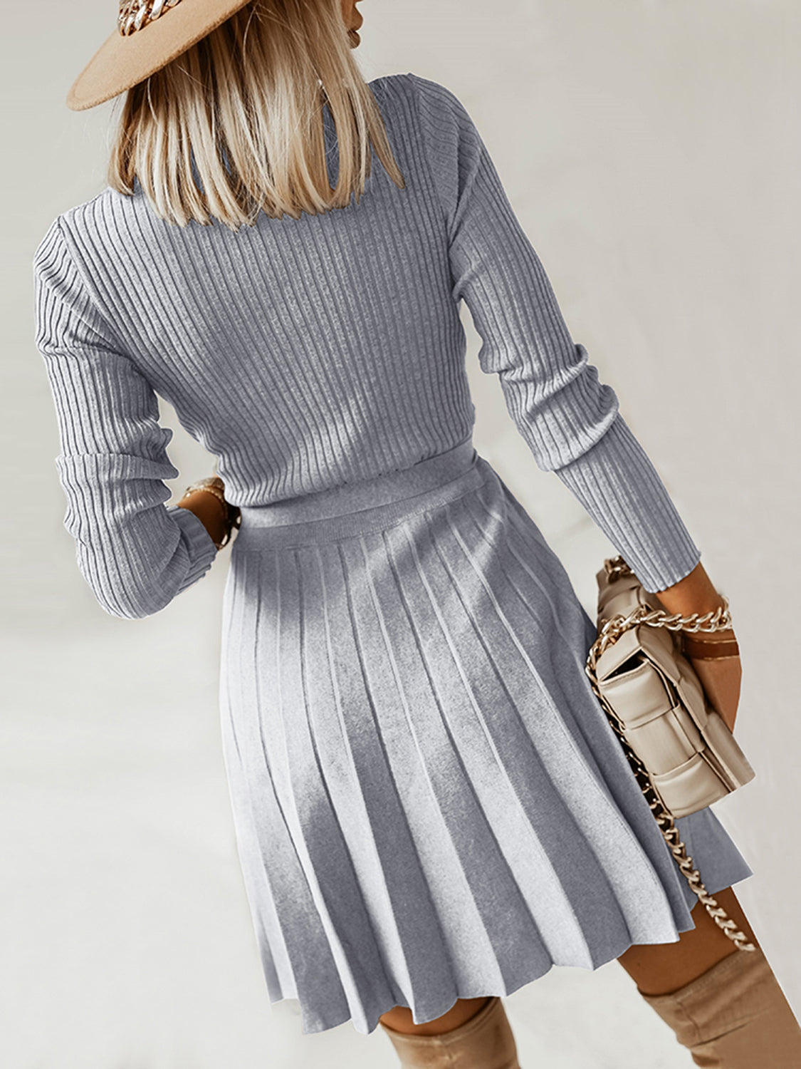 Surplice Neck Tie Front Pleated Sweater Dress - Fashion Finder Hub
