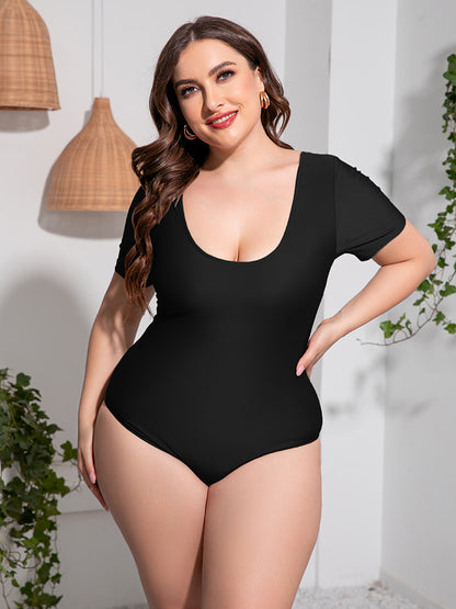 Plus Size Scoop Neck Short Sleeve One-Piece Swimsuit - Fashion Finder Hub