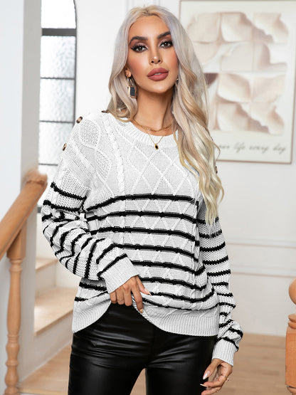 Striped Round Neck Cable-Knit Sweater - Fashion Finder Hub