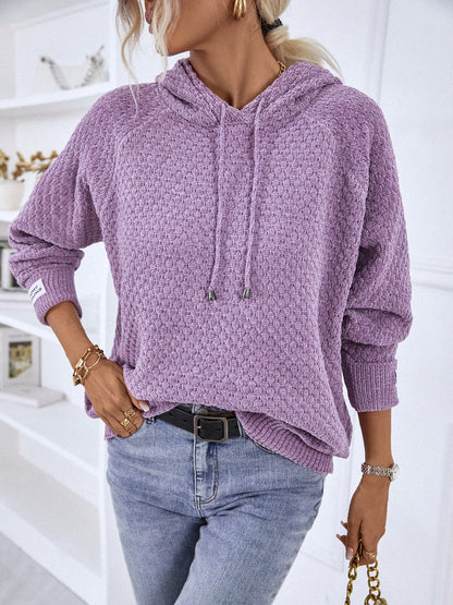 Texture Drawstring Long Sleeve Hooded Sweater - Fashion Finder Hub