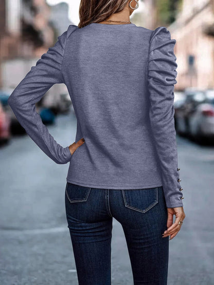 Decorative Button Puff Sleeve T-Shirt - Fashion Finder Hub