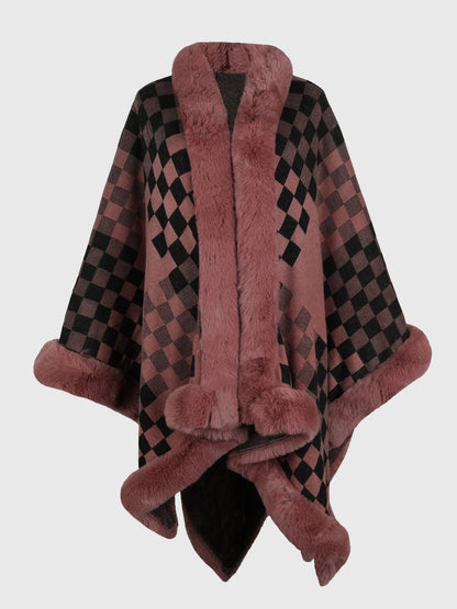 Checkered Faux Fur Trim Poncho - Fashion Finder Hub