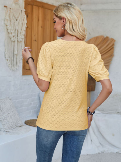Eyelet Asymmetrical Neck Short Sleeve T-Shirt - Fashion Finder Hub