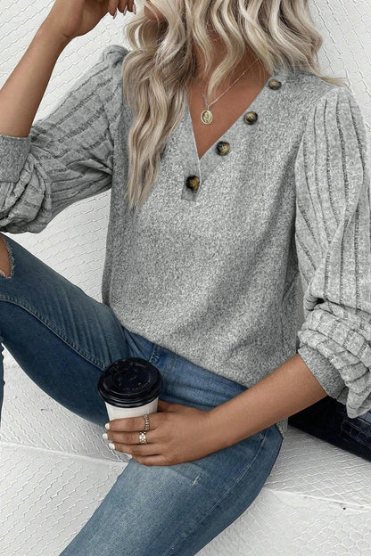 Decorative Button V-Neck Lantern Sleeve Blouse - Fashion Finder Hub