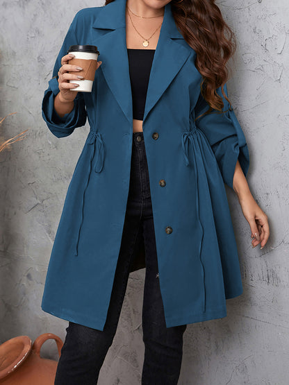 Plus Size Lapel Collar Drawstring Roll-Tab Sleeve Trench Coat - Fashion Finder Hub