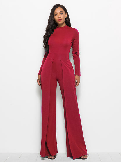 Long Sleeve Mock Neck Wide Leg Jumpsuit - Fashion Finder Hub