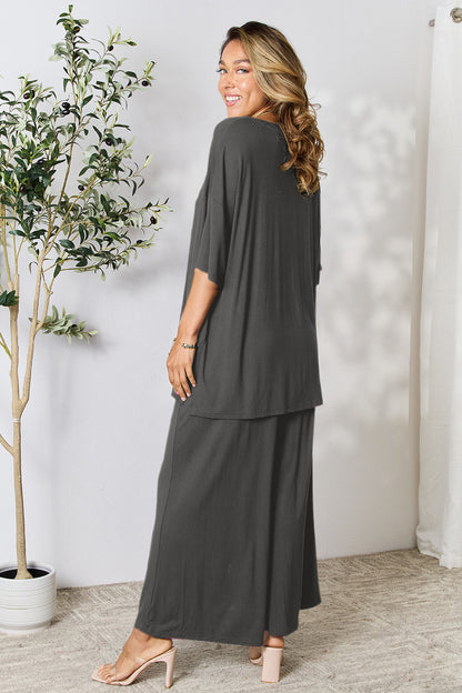 Double Take Full Size Round Neck Slit Top and Pants Set - Fashion Finder Hub