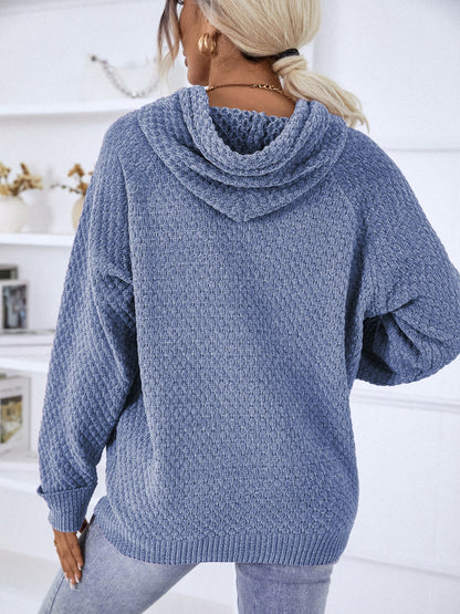 Texture Drawstring Long Sleeve Hooded Sweater - Fashion Finder Hub