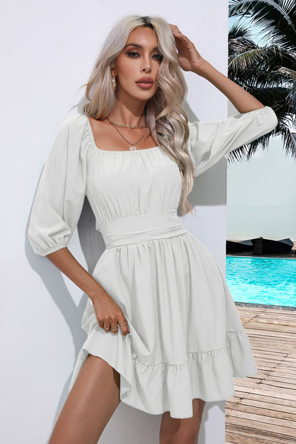 Square Neck Tie Back Ruffle Hem Dress - Fashion Finder Hub