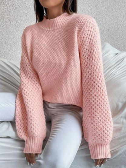 Openwork Mock Neck Long Sleeve Sweater - Fashion Finder Hub