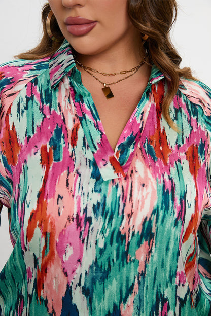 Plus Size Printed Johnny Collar Long Sleeve Blouse - Fashion Finder Hub