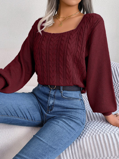 Cable-Knit Square Neck Long Sleeve Sweater - Fashion Finder Hub