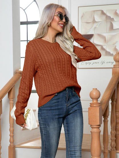 Cable-Knit Round Neck Long Sleeve Sweater - Fashion Finder Hub