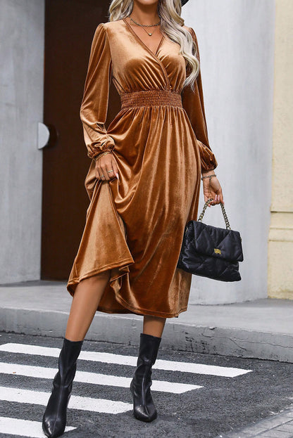 Surplice Balloon Sleeve Smocked Midi Dress - Fashion Finder Hub