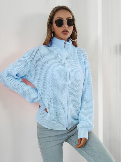 Turtleneck Zip Up Long Sleeve Knit Top - Fashion Finder Hub