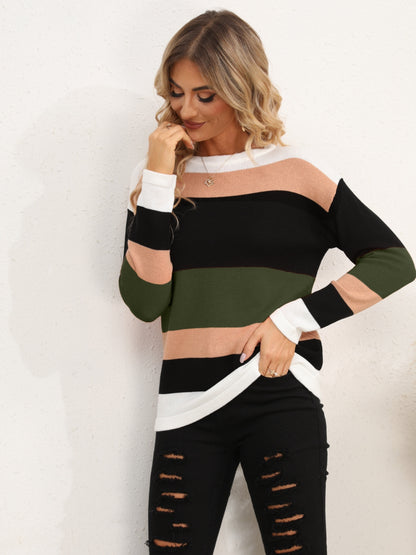 Striped Round Neck Dropped Shoulder Sweater - Fashion Finder Hub