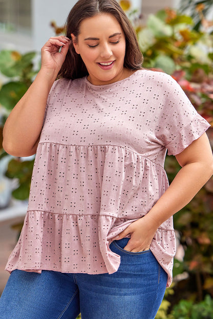 Plus Size Eyelet Round Neck Short Sleeve Blouse - Fashion Finder Hub