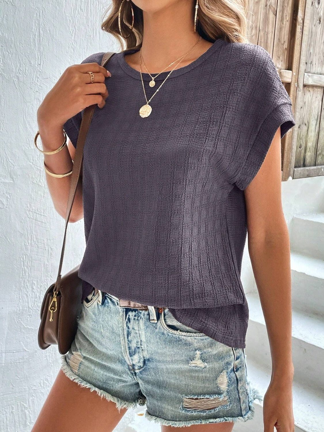 Textured Round Neck Short Sleeve Top - Fashion Finder Hub