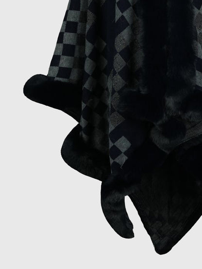 Checkered Faux Fur Trim Poncho - Fashion Finder Hub