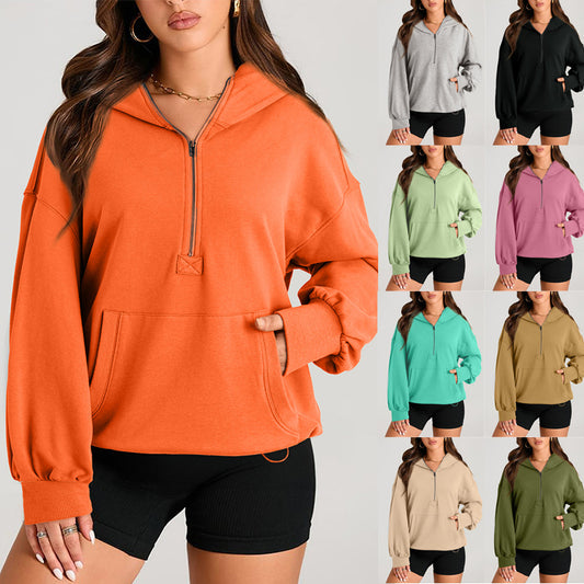 Nette Solid Color Long Sleeve Hooded Zipper Sweatshirt