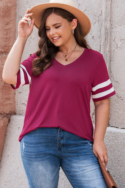 Plus Size Striped V-Neck Tee Shirt - Fashion Finder Hub