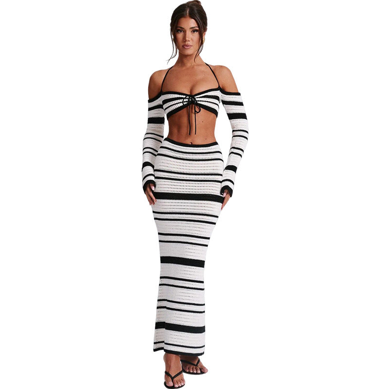 Women's Striped Off-shoulder Halter Lace-up Long Sleeve