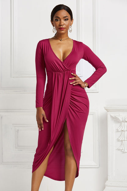 High-low Ruched Surplice Long Sleeve Dress - Fashion Finder Hub