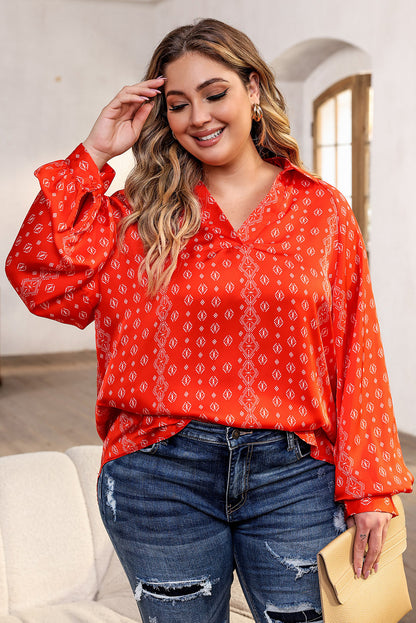 Plus Size Printed Johnny Collar Long Sleeve Blouse - Fashion Finder Hub