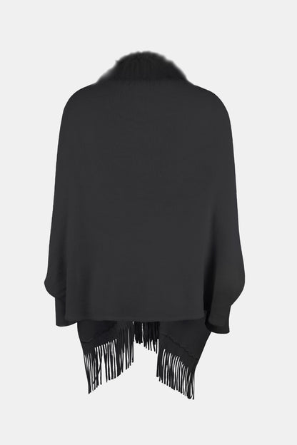 Fringe Open Front Long Sleeve Poncho - Fashion Finder Hub
