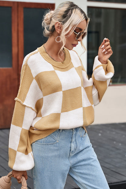 Checkered Exposed Seam Drooped Shoulder Sweater - Fashion Finder Hub
