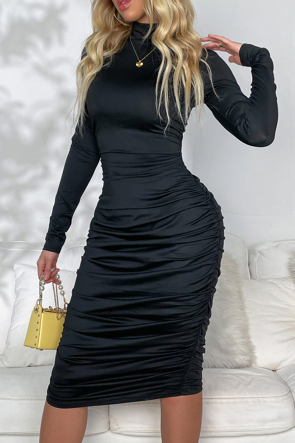 Ruched Mock Neck Long Sleeve Dress - Fashion Finder Hub