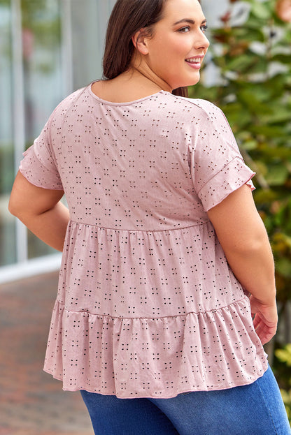 Plus Size Eyelet Round Neck Short Sleeve Blouse - Fashion Finder Hub