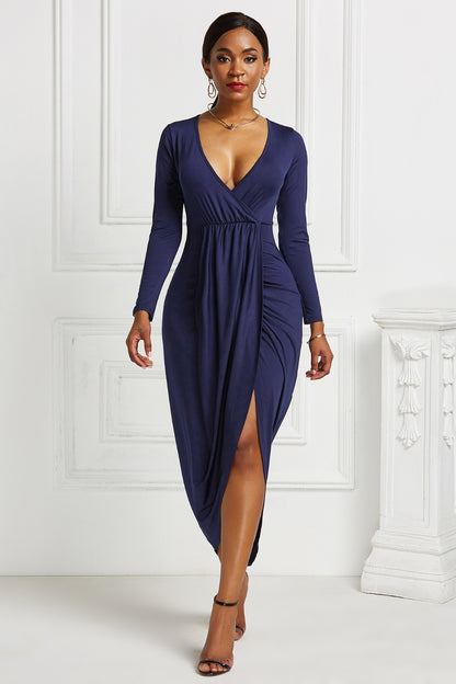 High-low Ruched Surplice Long Sleeve Dress - Fashion Finder Hub