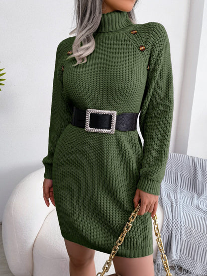 Decorative Button Turtleneck Sweater Dress - Fashion Finder Hub