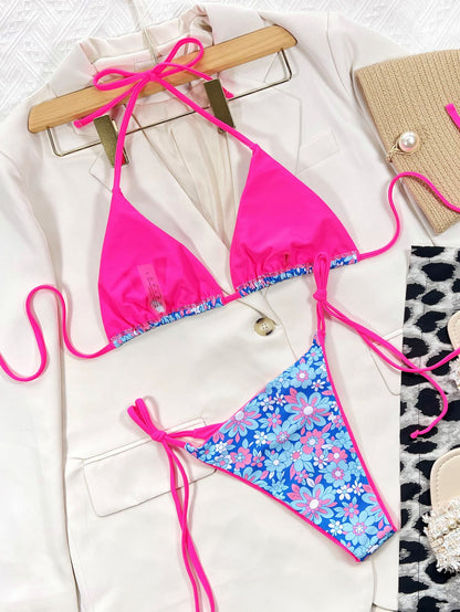 Floral Halter Neck Tie Side Bikini Set - Fashion Finder Hub