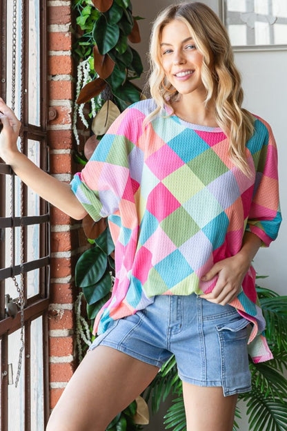 HOPELY Color Block Waffle Oversized T-Shirt - Fashion Finder Hub