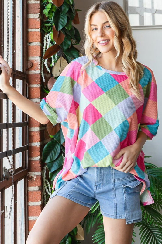 HOPELY Color Block Waffle Oversized T-Shirt - Fashion Finder Hub