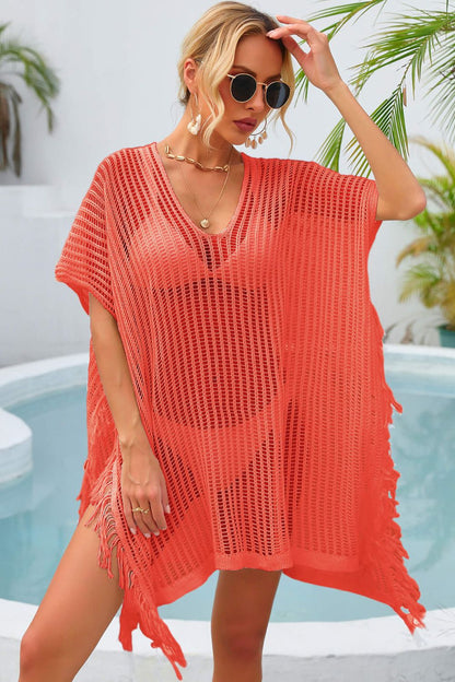 Fringe Trim Openwork Cover Up - Fashion Finder Hub