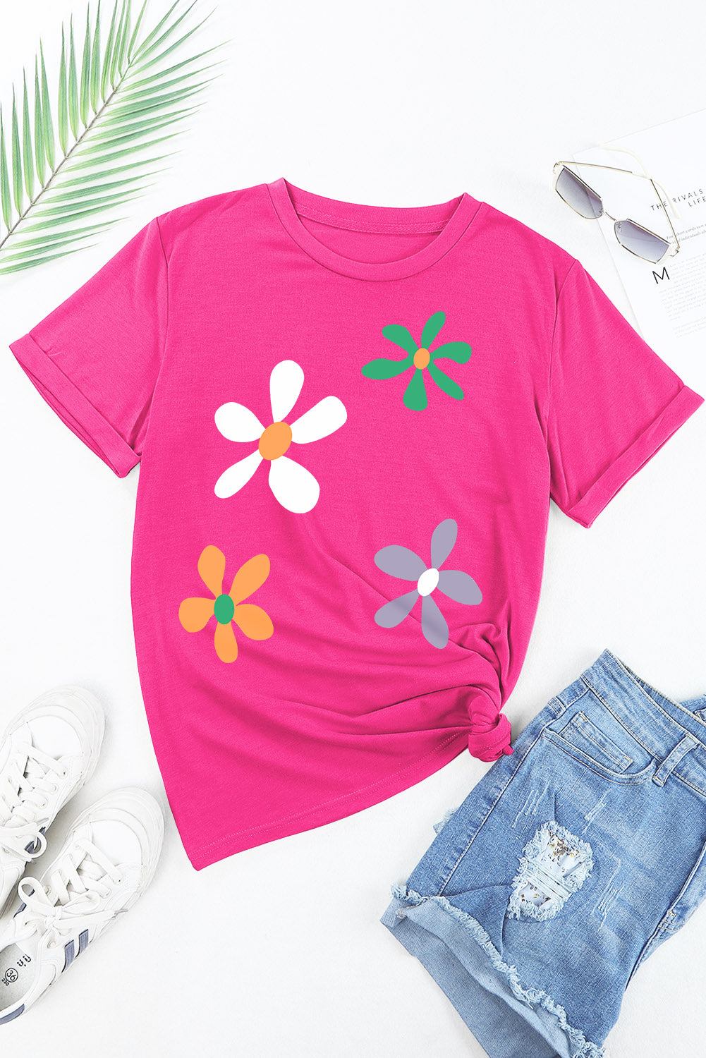 Flower Round Neck Short Sleeve T-Shirt - Fashion Finder Hub