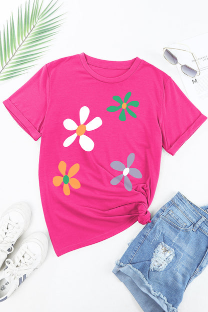 Flower Round Neck Short Sleeve T-Shirt - Fashion Finder Hub
