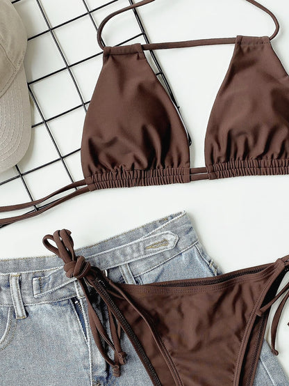 Halter Neck Ruched Bikini Set - Fashion Finder Hub