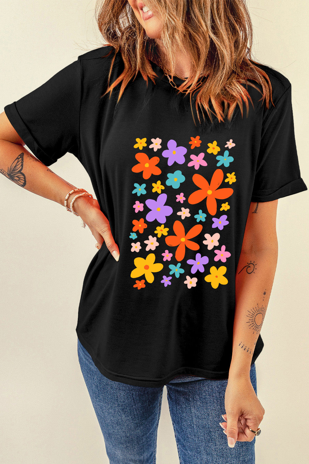 Flower Graphic Round Neck Short Sleeve T-Shirt - Fashion Finder Hub