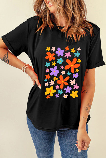 Flower Graphic Round Neck Short Sleeve T-Shirt - Fashion Finder Hub